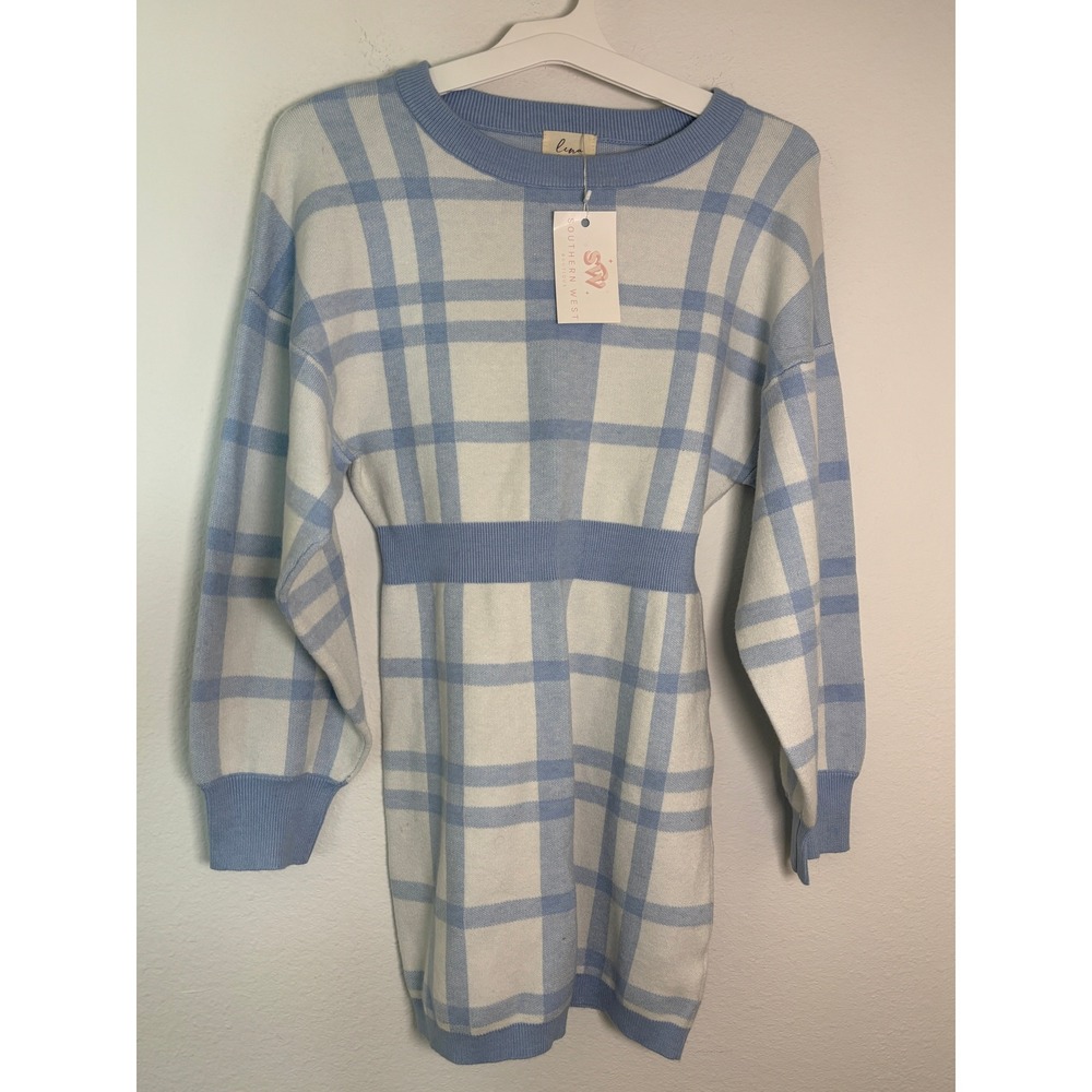 Lena Southern West Boutique Plaid Knit Mini Dress Blue White Small NWT
